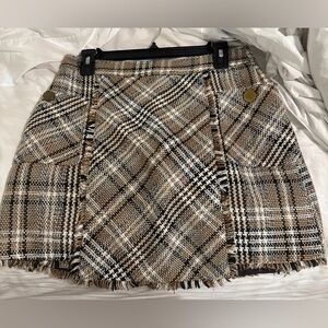 Plaid Tweed Mini Skirt - Fringe Hem